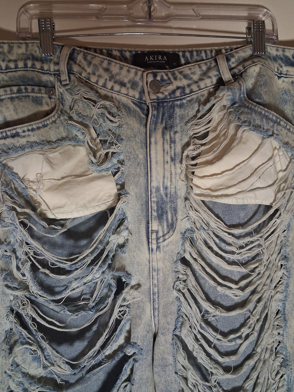 Akira Womens Acid Wash Heavily Distressed Shredded Wide Leg Jeans Light Blue 1X - Picture 10 of 16